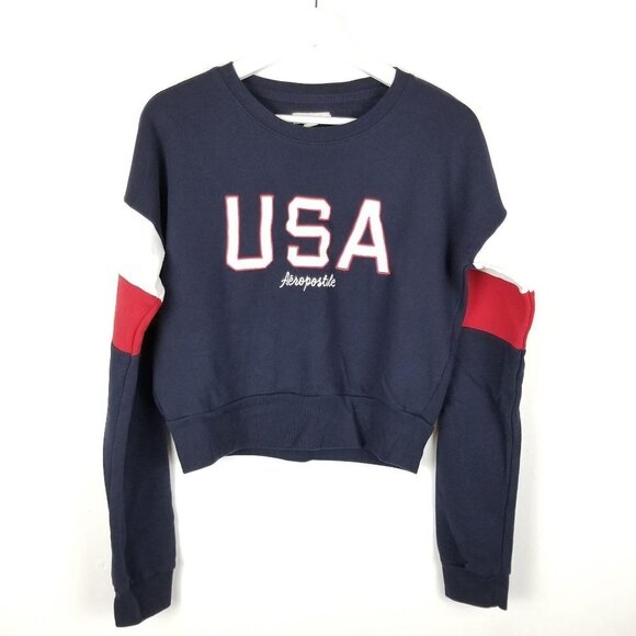 Aeropostale M Cropped Sweatshirt USA‎ Blue Red - Picture 1 of 7